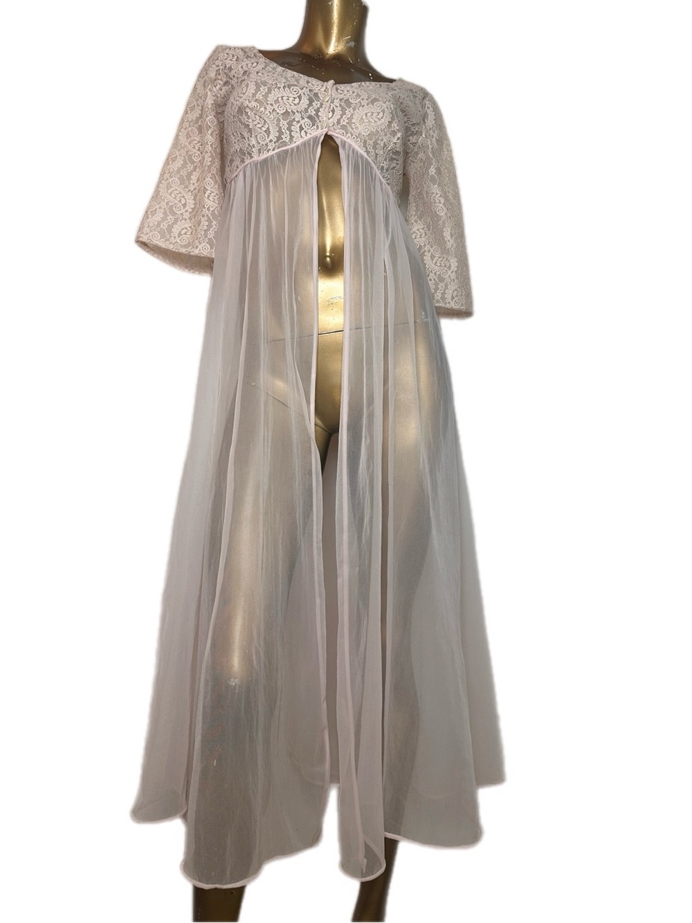 Vintage Lisette Blush Open Front Pink Sheer Lace Midi Peignoir Robe Lingerie 60s